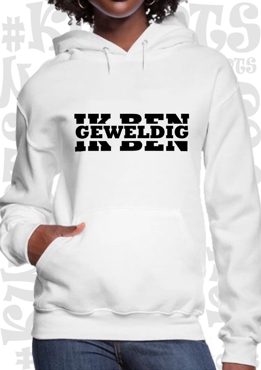 IK BEN GEWELDIG dames hoodie - Wit - Maat L - lange mouwen - Met capuchon & steekzakken - grappige teksten - leuke truien | sweaters - humor - quotes - kwoots - kado - cadeau - Arrogant